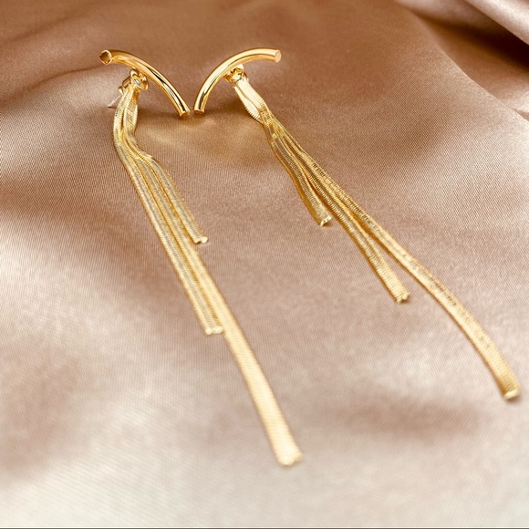 Minimalist 18K Yellow Gold Dangle Flat Tassel Jacket Earrings - Picture 6 of 15